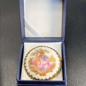 Vintage Limoges Courting Couple Pin Brooch Porcelain , Hand Painted